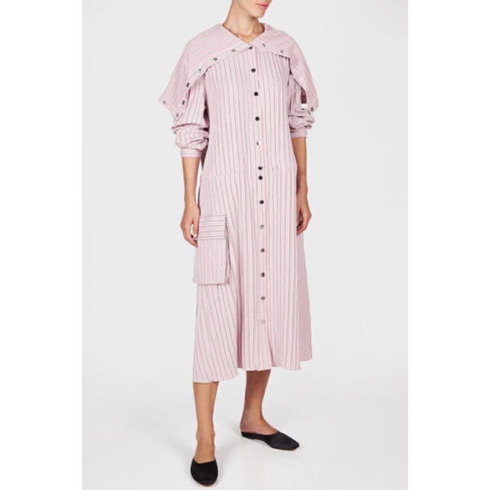 Tibi Dusty Pink Striped Viscose Twill Anorak Maxi Dress Size Small